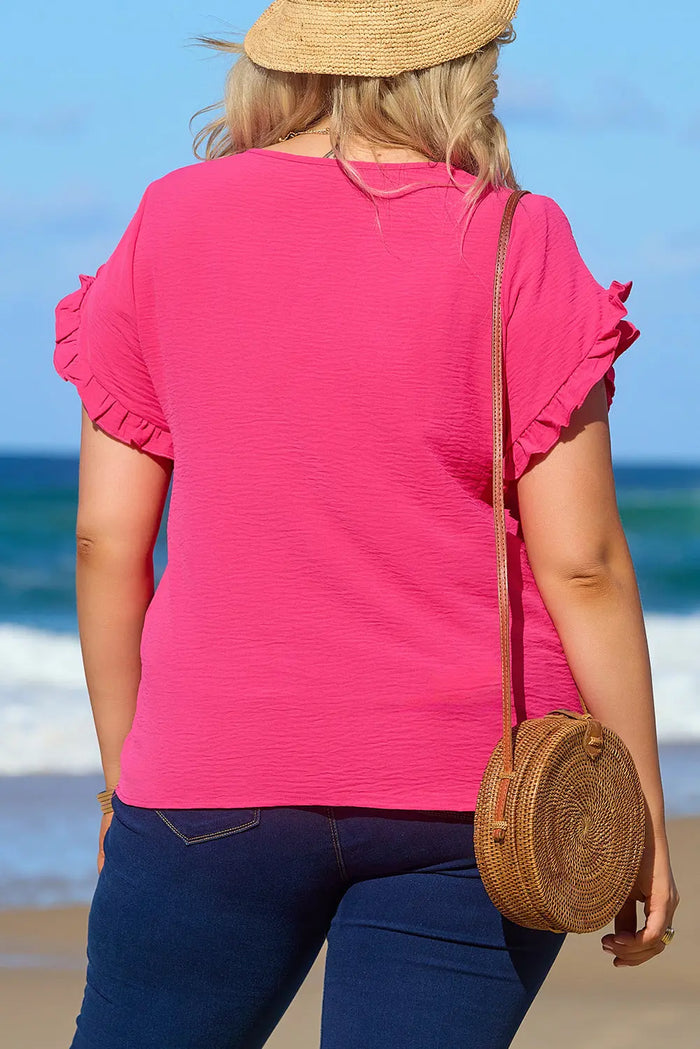 Bright Pink Ruffled Short Sleeve Plus Size Top - Size/Plus Tops/Plus Tops & Tees