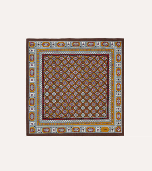 Brown, Blue and Gold Floral Medallion Print Wool-Silk Bandana
