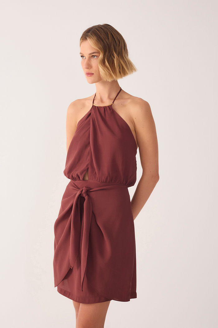 Brown Draped Halter Crepe Mini Dress