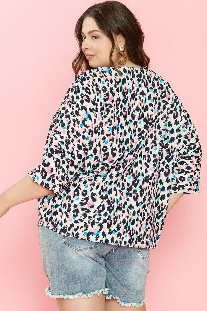 Brown Leopard Print V Neck Batwing Sleeve Plus Size Top - Size/Plus Tops/Plus Tops & Tees