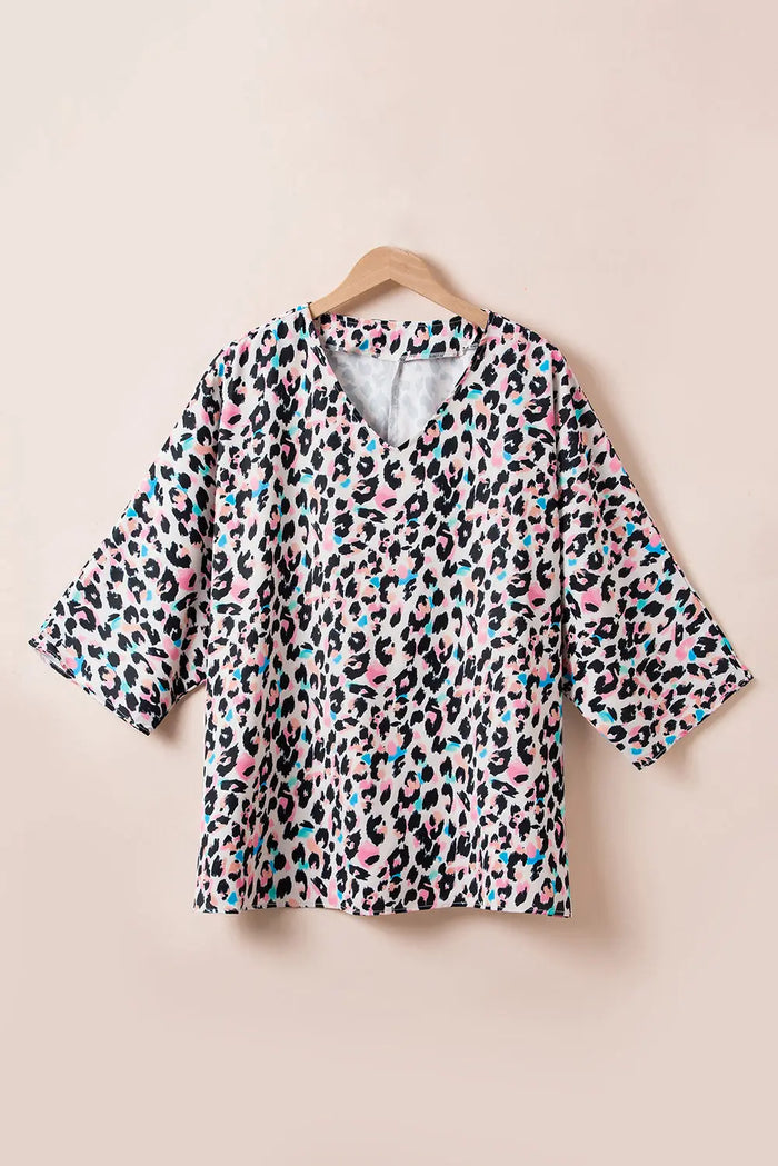 Brown Leopard Print V Neck Batwing Sleeve Plus Size Top - Size/Plus Tops/Plus Tops & Tees