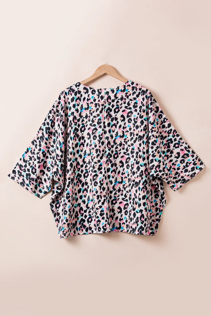 Brown Leopard Print V Neck Batwing Sleeve Plus Size Top - Size/Plus Tops/Plus Tops & Tees