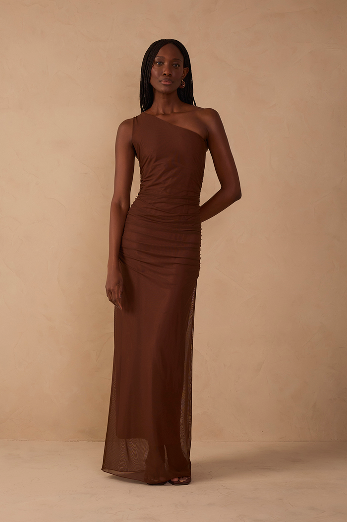 Brown One Shoulder Ruched Tulle Maxi Dress_1