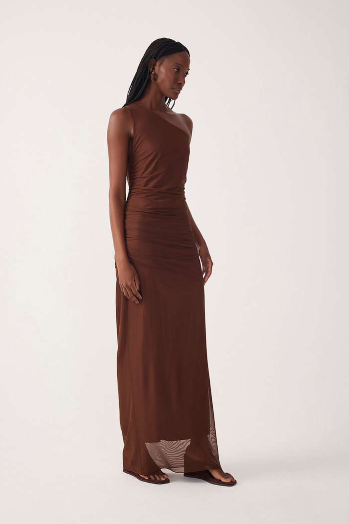 Brown One Shoulder Ruched Tulle Maxi Dress_3