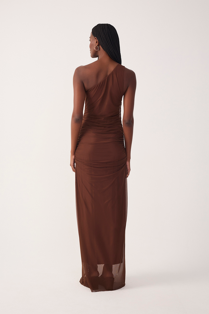 Brown One Shoulder Ruched Tulle Maxi Dress_6