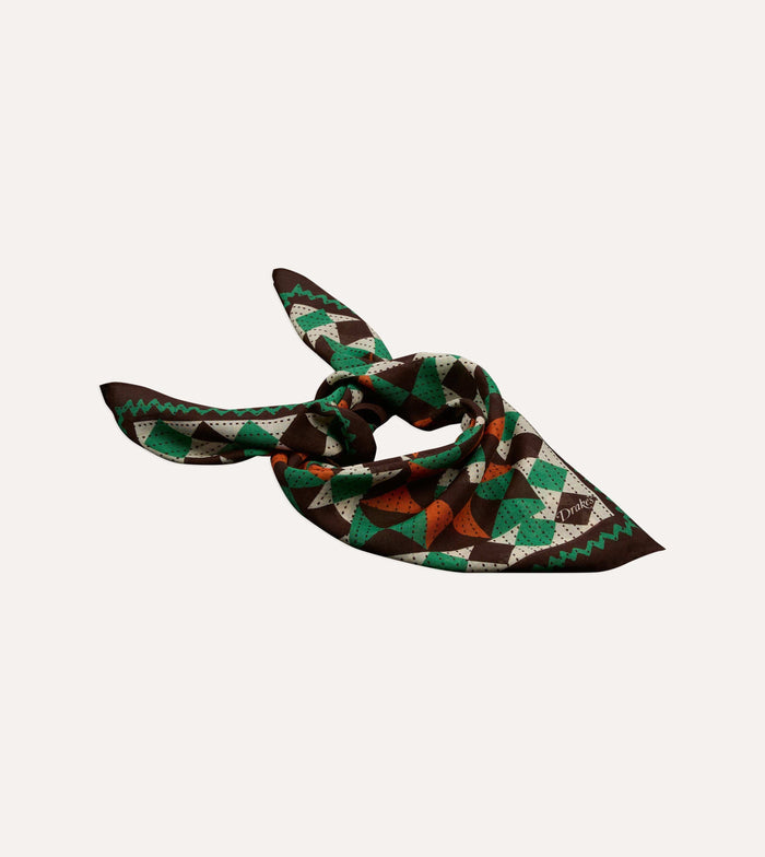 Brown Patchwork Print Wool-Silk Bandana