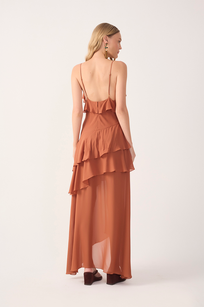 Brown Ruffled Asymmetric Midi Dress_5