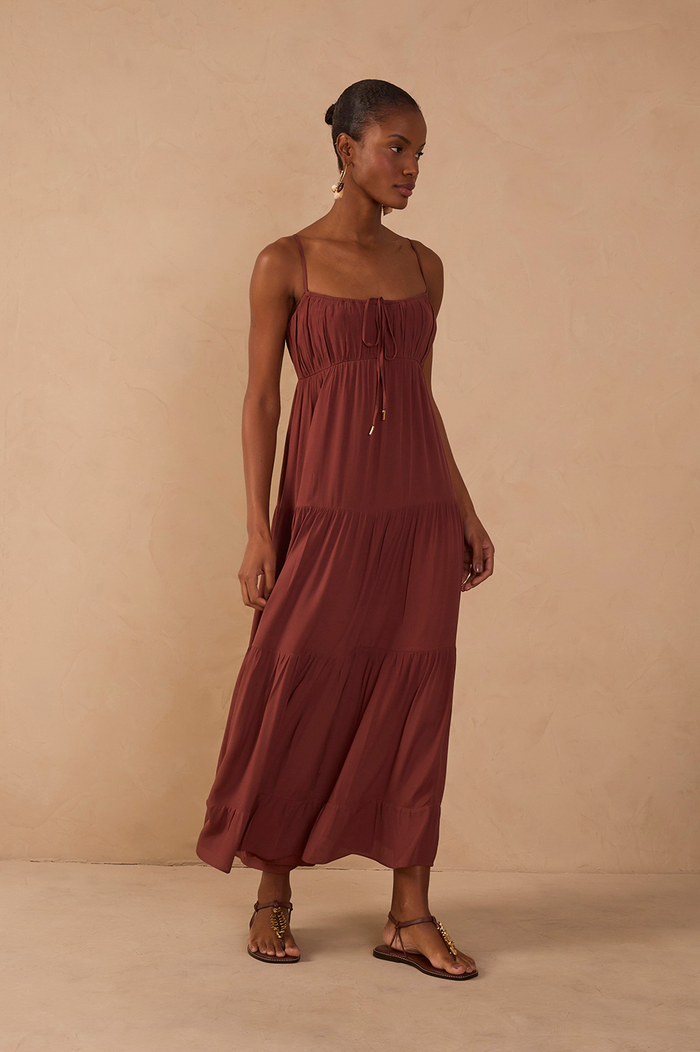 Brown Tiered Ruched Bust Midi Dress_1