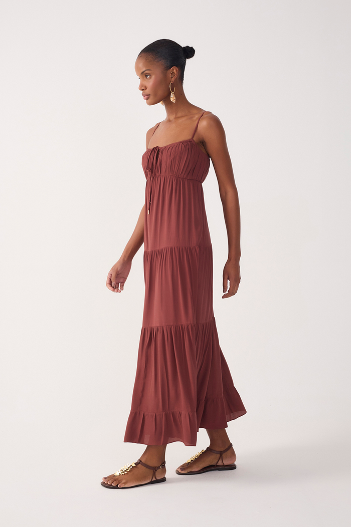 Brown Tiered Ruched Bust Midi Dress_3