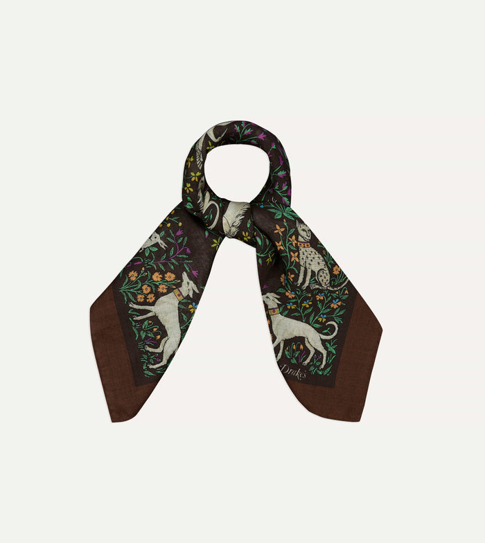 Brown Unicorn Print Wool-Silk Bandana