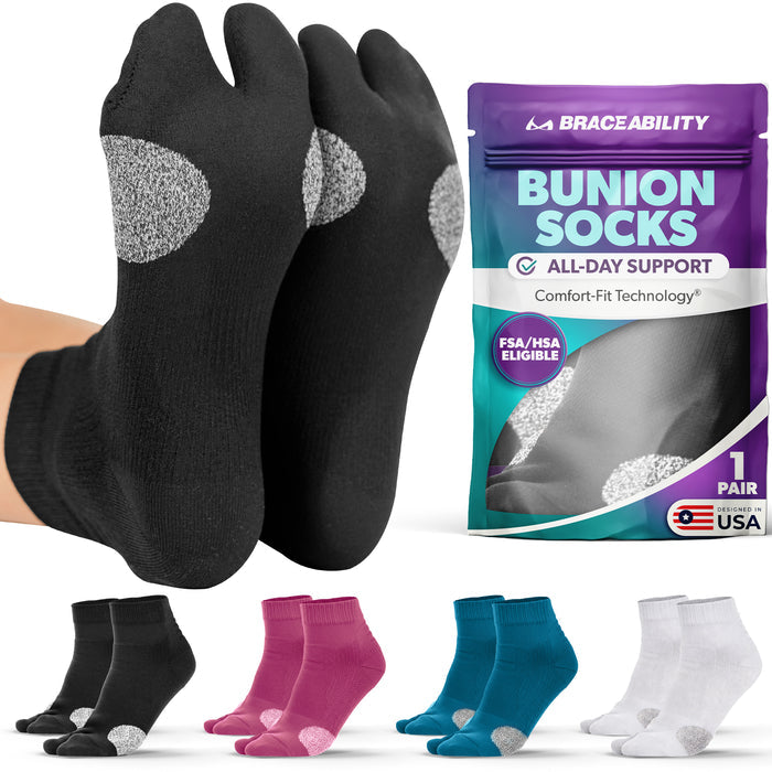 Black bunion relief socks for women and men with gray cushioning and BraceAbility packaging, designed for bunion pain relief and toe alignment support.