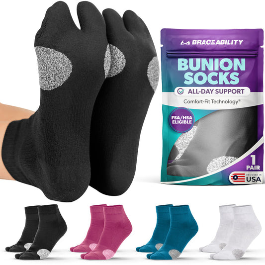 Black bunion relief socks for women and men with gray cushioning and BraceAbility packaging, designed for bunion pain relief and toe alignment support.