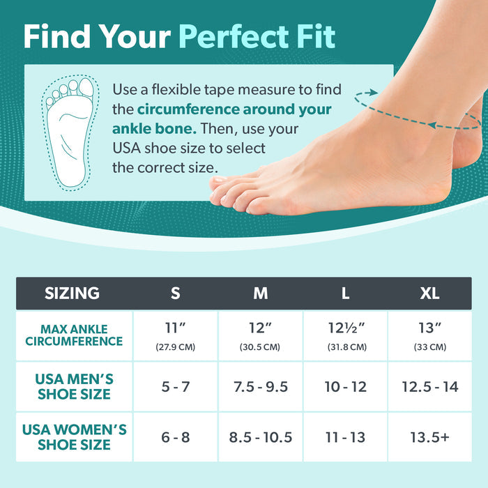 Bunion corrector socks sizing chart with illustrated foot measurement guide to help find the perfect fit for men and women.