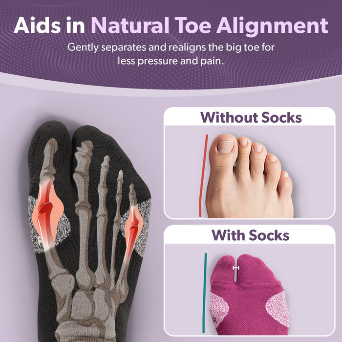 Illustration of bunion toe separators for women and men on a purple background, showing targeted bunion pain relief benefits.