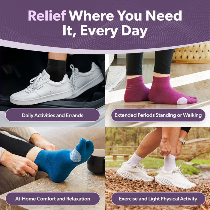 Bunion pain relief where you need it. Wear socks inside shoes for walking, running, or exercise