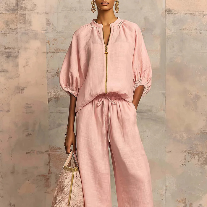 Calyndra -  Ensemble femme deux pièces uni avec haut zippé et pantalon large