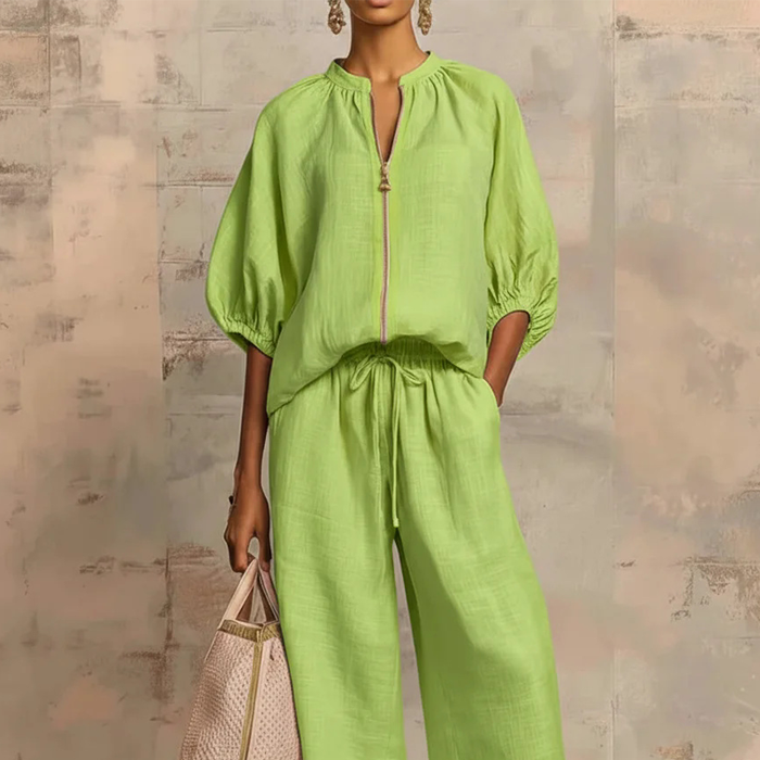 Calyndra -  Ensemble femme deux pièces uni avec haut zippé et pantalon large