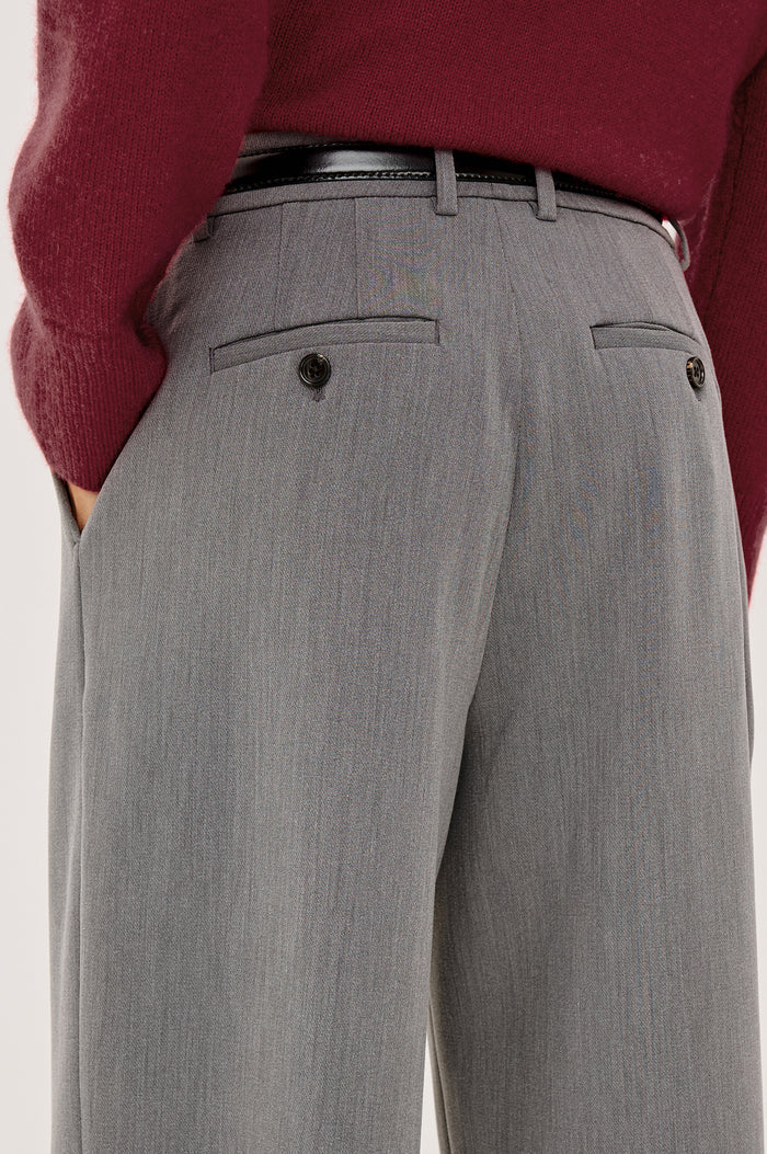 Cameron Pant in Springy Suiting Fabric With High-Rise, Pleated Barrel Legs That Taper, Side and Back Pockets, and Unlined in Heather Grey Colorway - Lower Body Back View Featured on Model