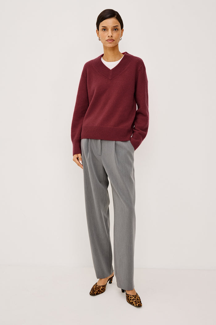 Cameron Pant in Springy Suiting Fabric With High-Rise, Pleated Barrel Legs That Taper, Side and Back Pockets, and Unlined in Heather Grey Colorway - Full Body Front View Featured on Model