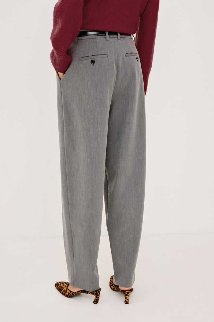 Cameron Pant in Springy Suiting Fabric With High-Rise, Pleated Barrel Legs That Taper, Side and Back Pockets, and Unlined in Heather Grey Colorway - Lower Body Back View Featured on Model