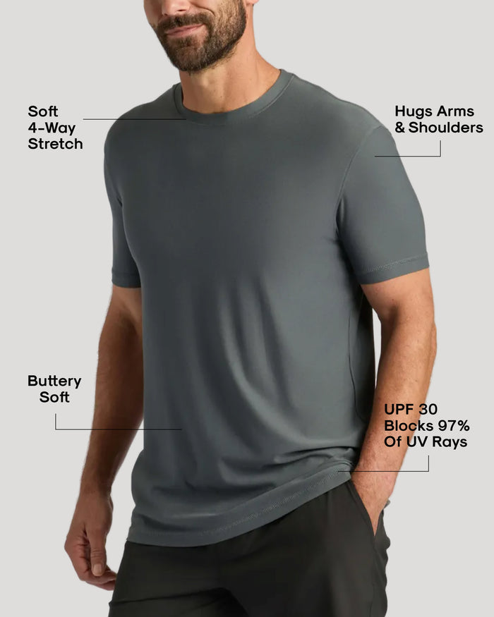 Man wearing Active Crew 3-Pack charcoal-gray performance T-shirt, highlighting features.