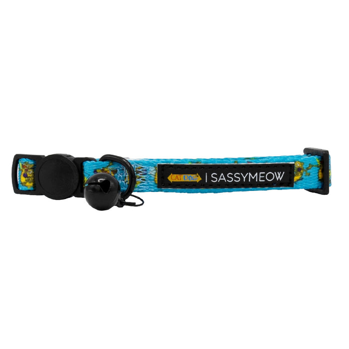 The Sassy Woof Cat Collar - Nickelodeon CatDog™ features an adjustable comfy neoprene design with a black buckle and bell, plus a yellow CAT COLLAR tag—perfect for your stylish feline.