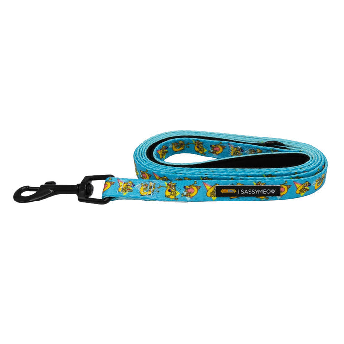 The Sassy Woof Cat Leash - Nickelodeon CatDog™ is a blue leash with a playful cartoon cat design, comfy neoprene handle, and black clasp, perfect for your feline.