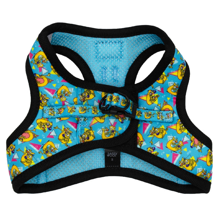 The Sassy Woof Cat Step-In Harness - Nickelodeon CatDog™ is a small blue harness with black trim, made of custom printed neoprene featuring playful yellow cartoon dogs and geometric shapes, plus a sturdy buckle and soft lining.