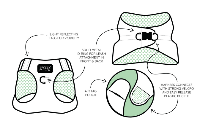Diagram of Sassy Woof's Cat Step-In Harness - Nickelodeon CatDog™ showing labeled features: solid metal D-ring, reflective tabs, AirTag pocket, strong Velcro, easy-release buckle. Made from custom light green and white neoprene patterns.