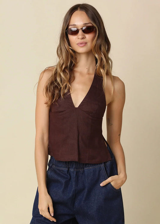 Charlie Halter Linen Top - Brown