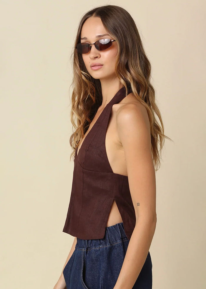 Charlie Halter Linen Top - Brown