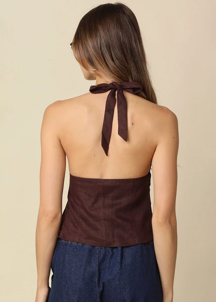Charlie Halter Linen Top - Brown