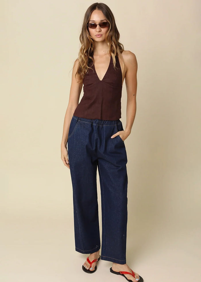 Charlie Halter Linen Top - Brown
