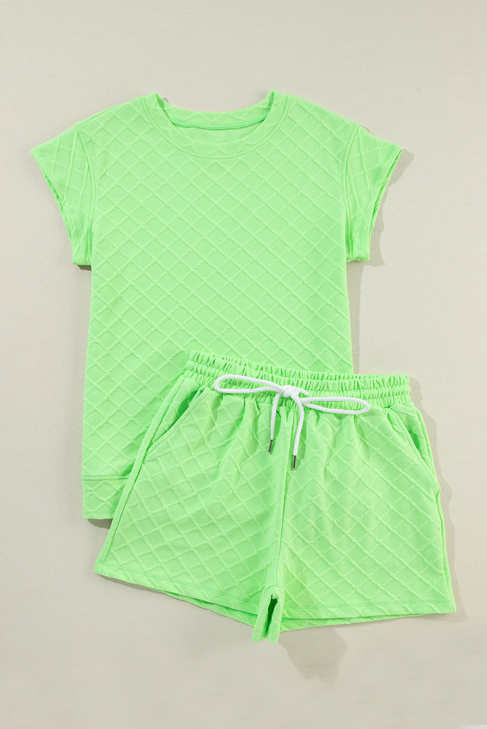 Checkered Textured Tee and Drawstring Shorts Co-ord - Two Piece Sets/Short Sets