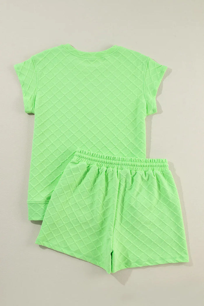 Checkered Textured Tee and Drawstring Shorts Co-ord - Two Piece Sets/Short Sets