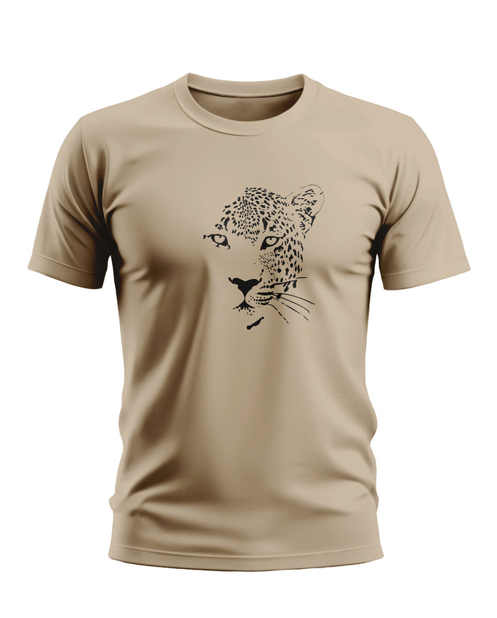 Beige men’s t-shirt with black leopard face graphic, short sleeves, crew neck