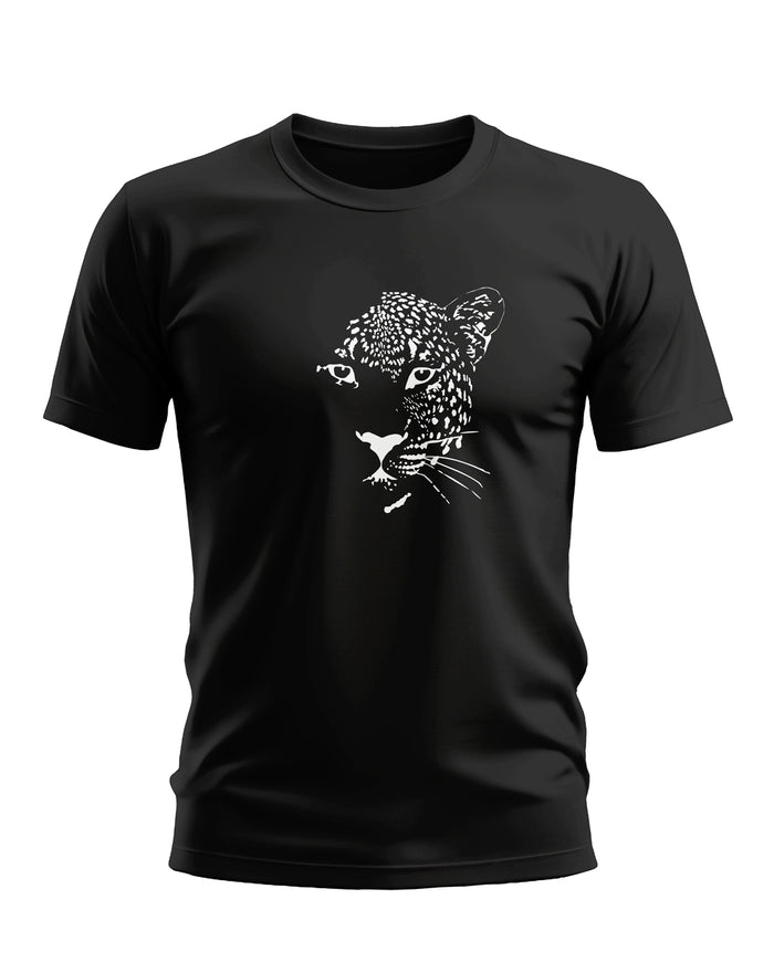 Black men's t-shirt with white leopard face graphic, casual short sleeve design