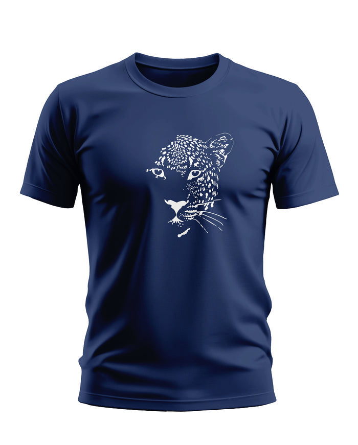 Navy blue men's t-shirt with white graphic leopard face print on front