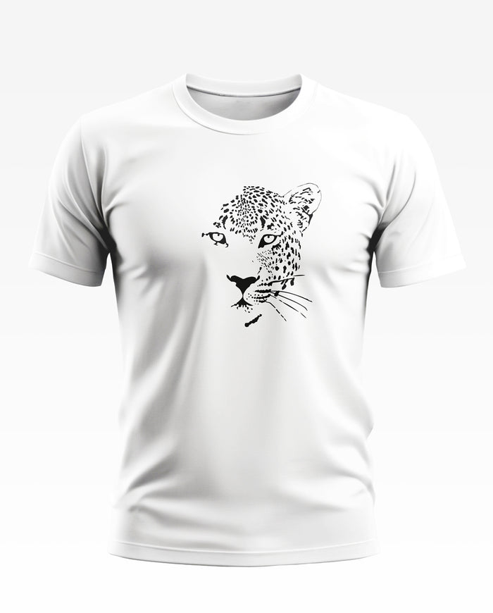 White men's t-shirt with black leopard face graphic, crew neck, short sleeves, casual style