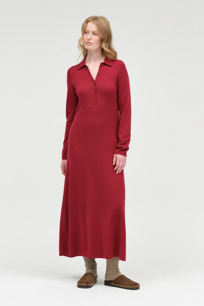 Cherry Wool-Cashmere A-Line Polo Dress