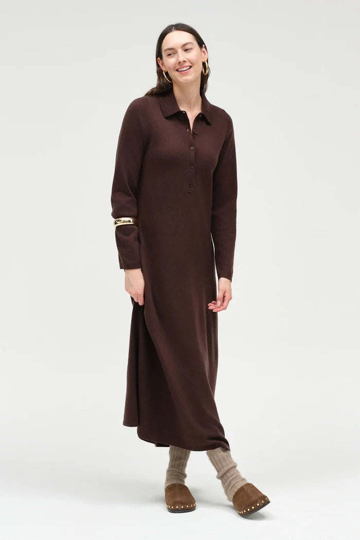 Chocolate Wool-Cashmere A-Line Polo Dress