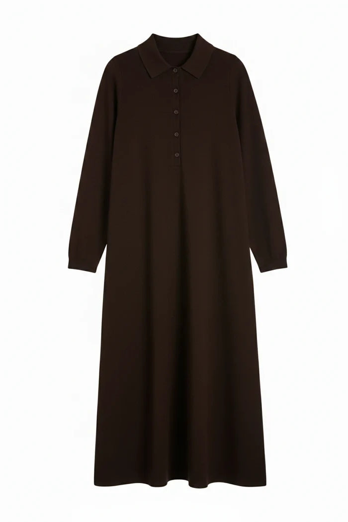 Chocolate Wool-Cashmere A-Line Polo Dress