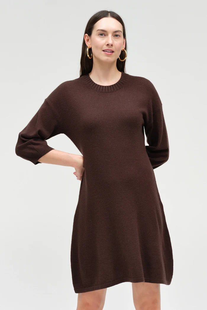 Chocolate Wool-Cashmere Wide-Sleeve Dress