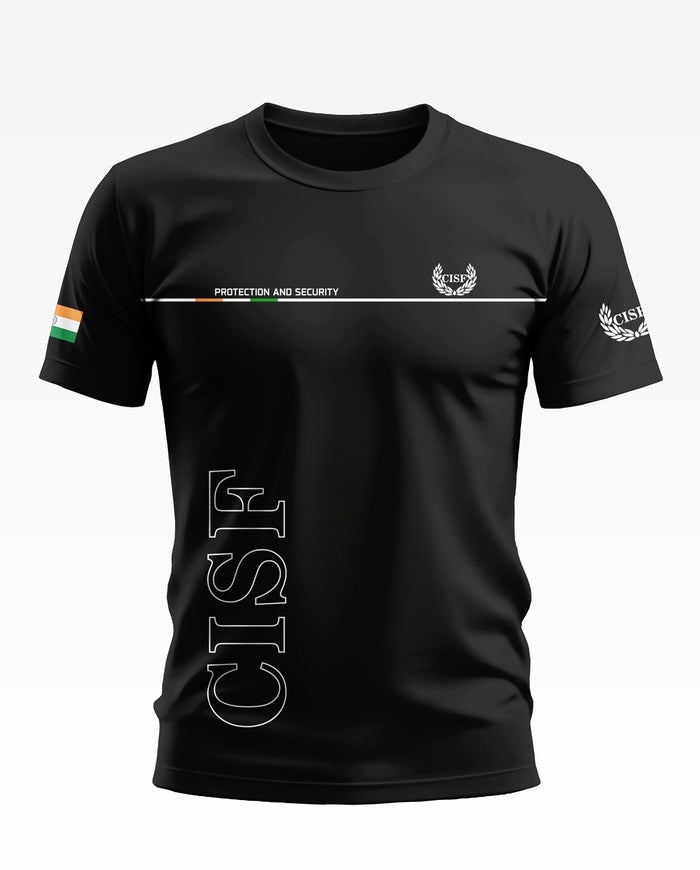 Black CISF men’s t-shirt with India flag, security text, and white graphic print