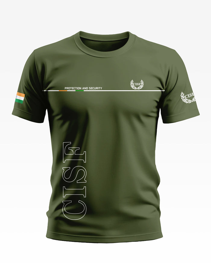 Olive green men's CISF t-shirt with Indian flag sleeve and protection and security text