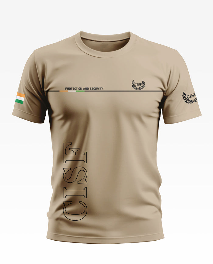 Beige men's T-shirt with CISF text, Indian flag patch on sleeve, security-themed design