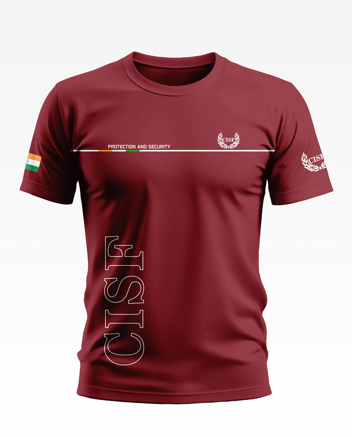 Maroon men's CISF t-shirt with 'Protection and Security' text, Indian flag on sleeve