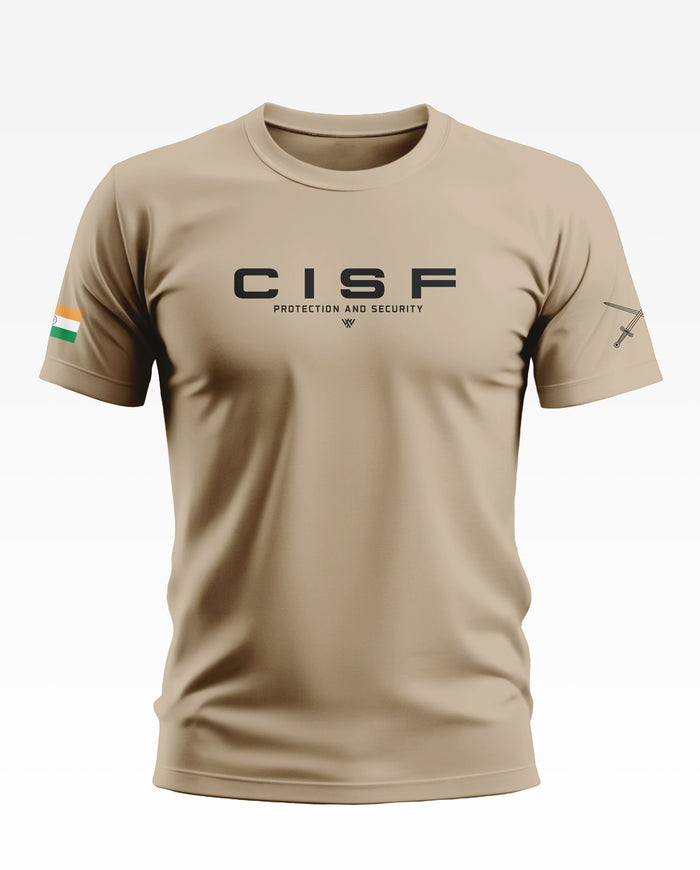 Beige men's t-shirt with CISF Protection and Security text, Indian flag on sleeve