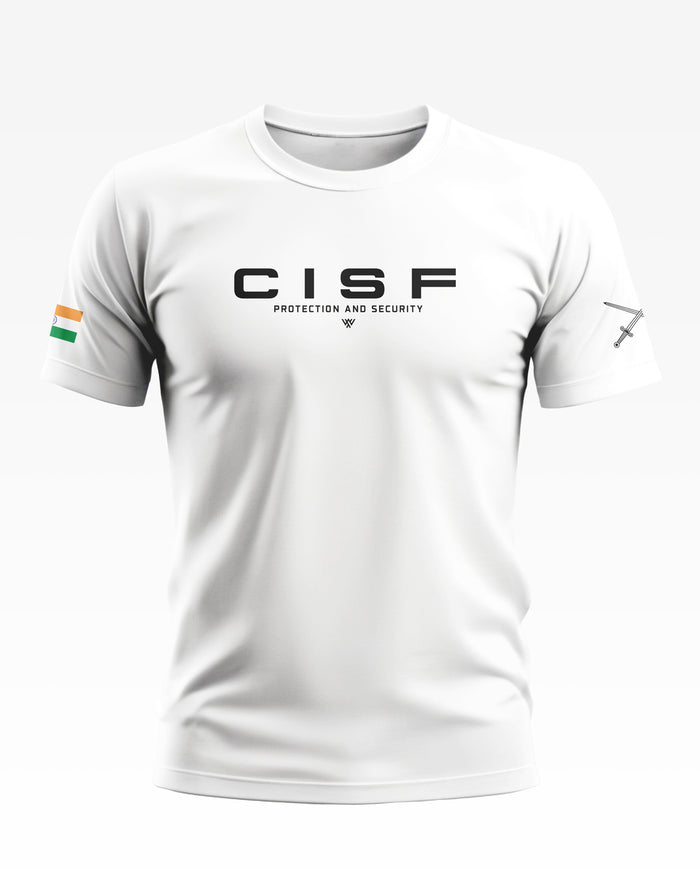 White men's t-shirt with CISF Protection and Security text, Indian flag on sleeve, and sword graphic.