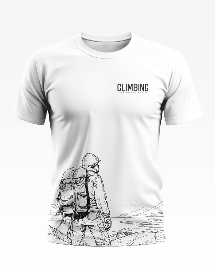 White men's t-shirt with climbing graphic and hiker print, mountaineering adventure design